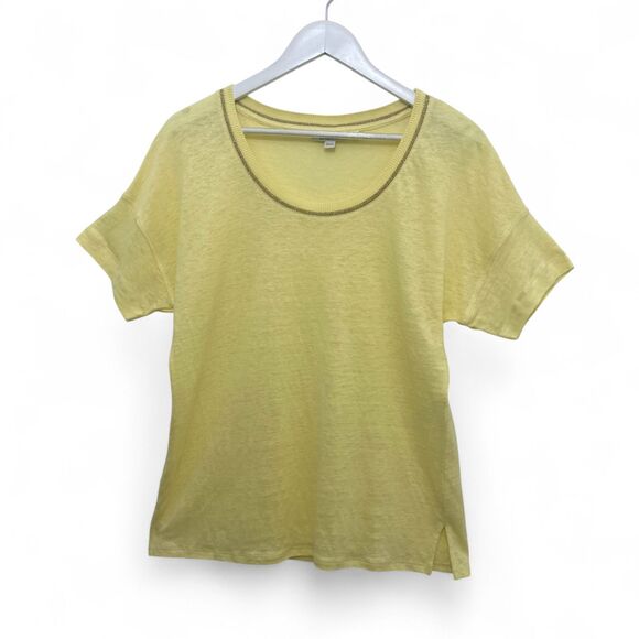 Chico's Yellow Linen Knit Top Size 0 Small Metallic Trim Short Sleeve Tunic Tee - Picture 2 of 13